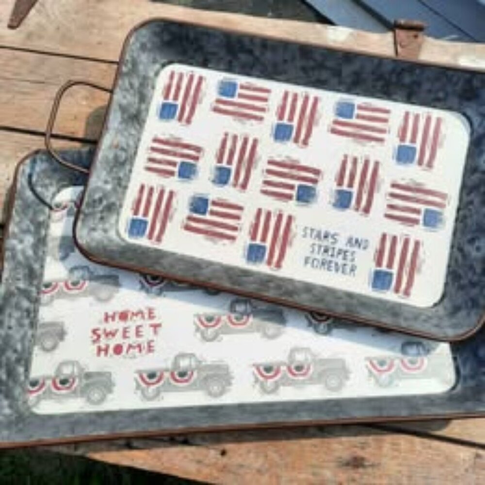 Drink Tray Set Patriotic US USA Flag Pattern Rustic Galvanized 4th of July Party